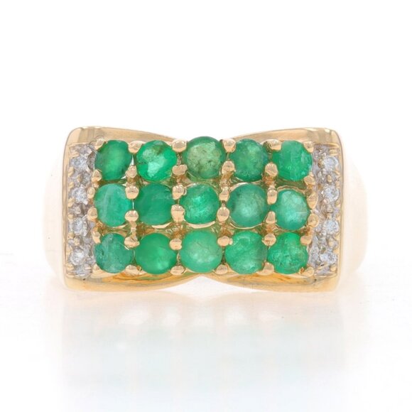 Yellow Gold Emerald & Diamond Cluster Cocktail Ring - 14k Round 1.24ctw - Picture 1 of 6